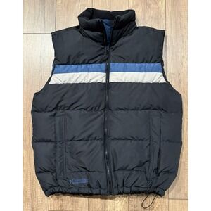 Vintage Columbia Down Puffer Vest Men's L Black w/Blue Cream Stripe 80-90's EUC